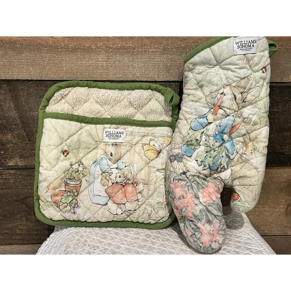 WILLIAMS SONOMA PETER RABBIT MITT&POT HOLDER 100% COTTON SET OF 2